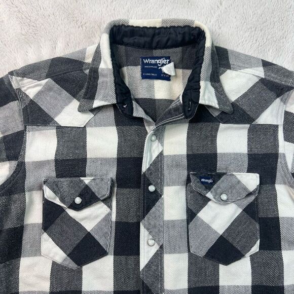 Vintage Wrangler Flannel Shirt Mens 17 / 35 Black White Pearl Snap X-Long West - Picture 3 of 11